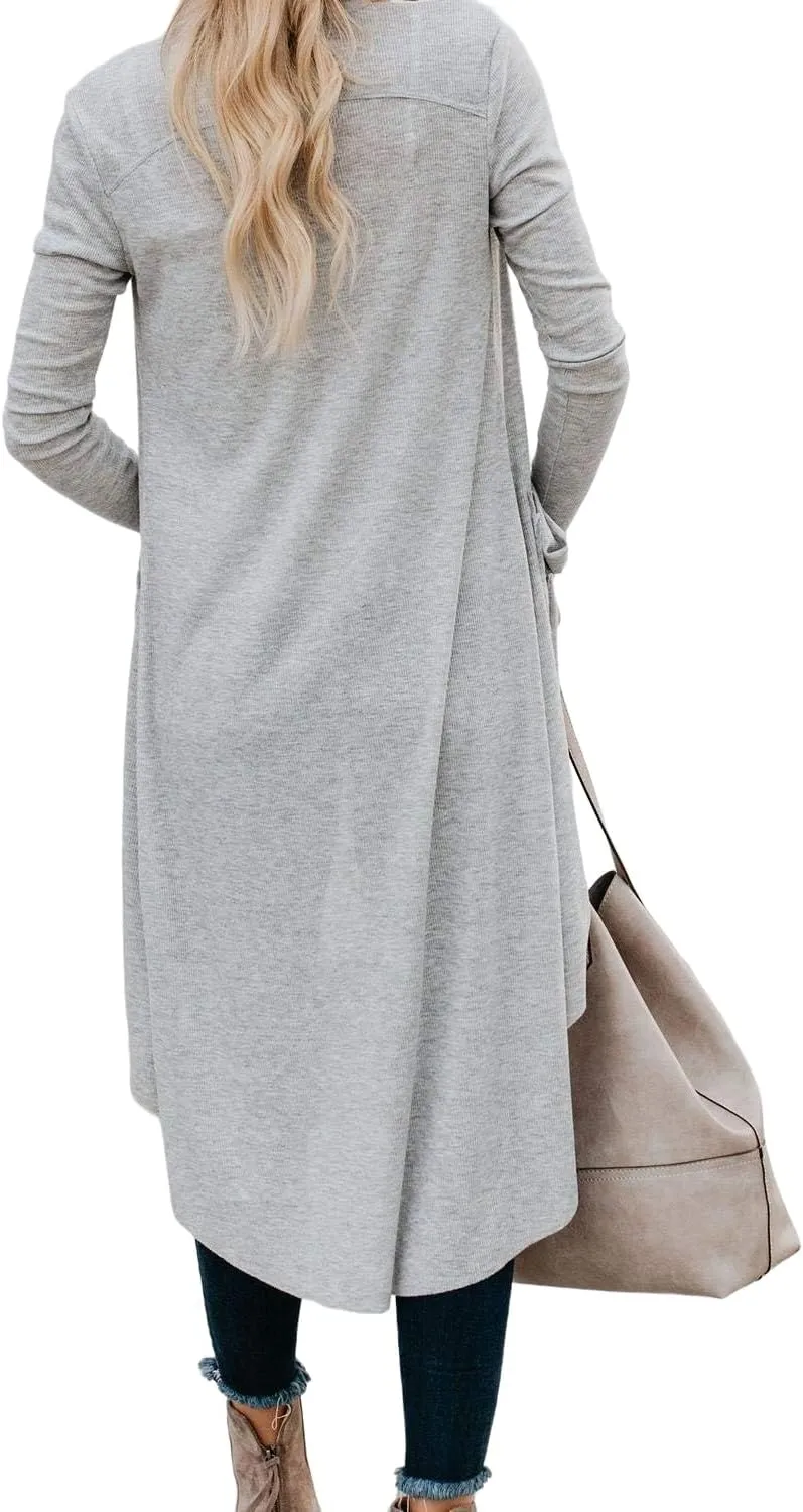 Long Cardigan Sweaters for Women Knit Open Front Cardigans Casual Button Down Long Sleeve Jacket Outwear with Pockets