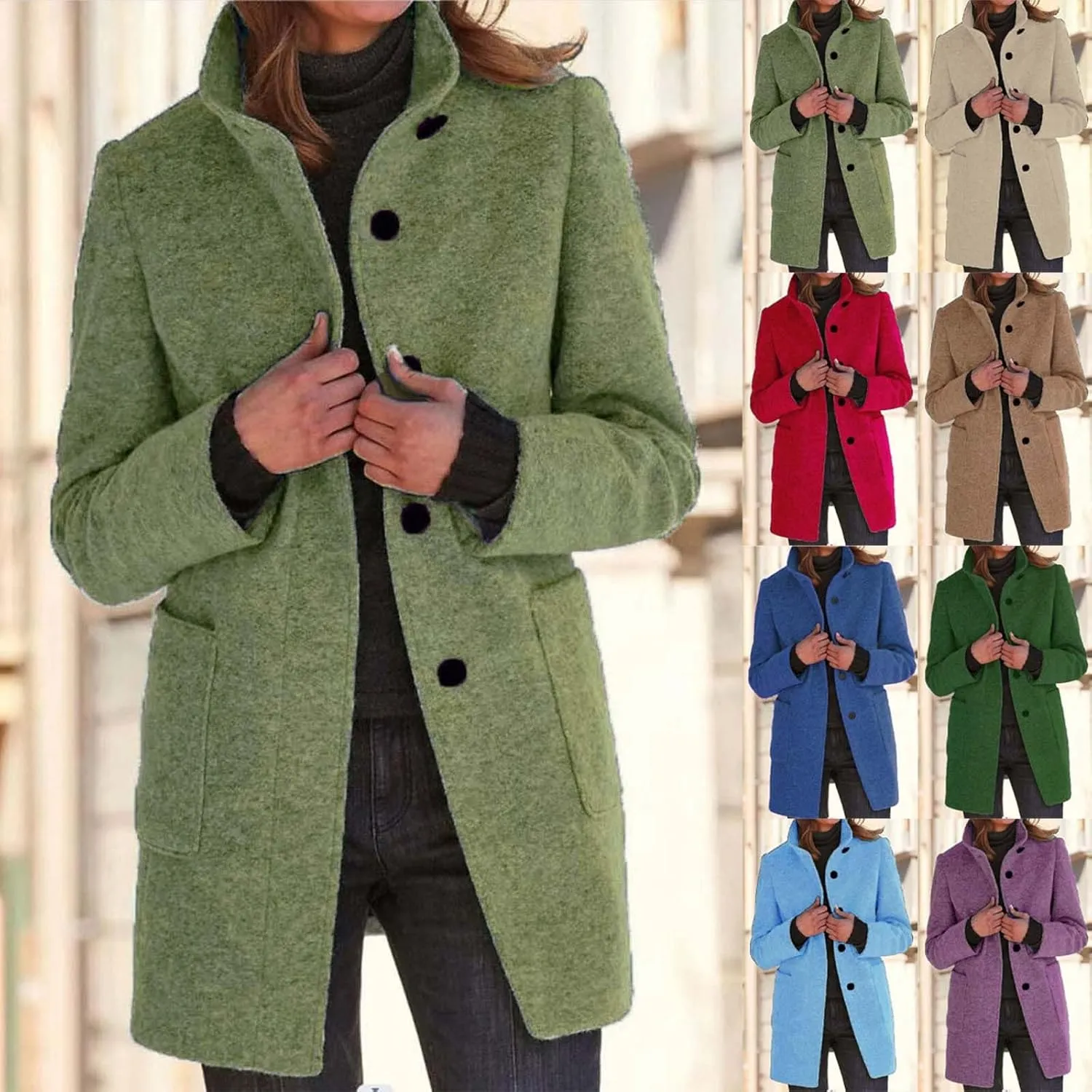Long Coats for Women Winter Warm Stand Collar Breasted Wool Coats Wool Blend Peacoat Thicken Fashion Casual