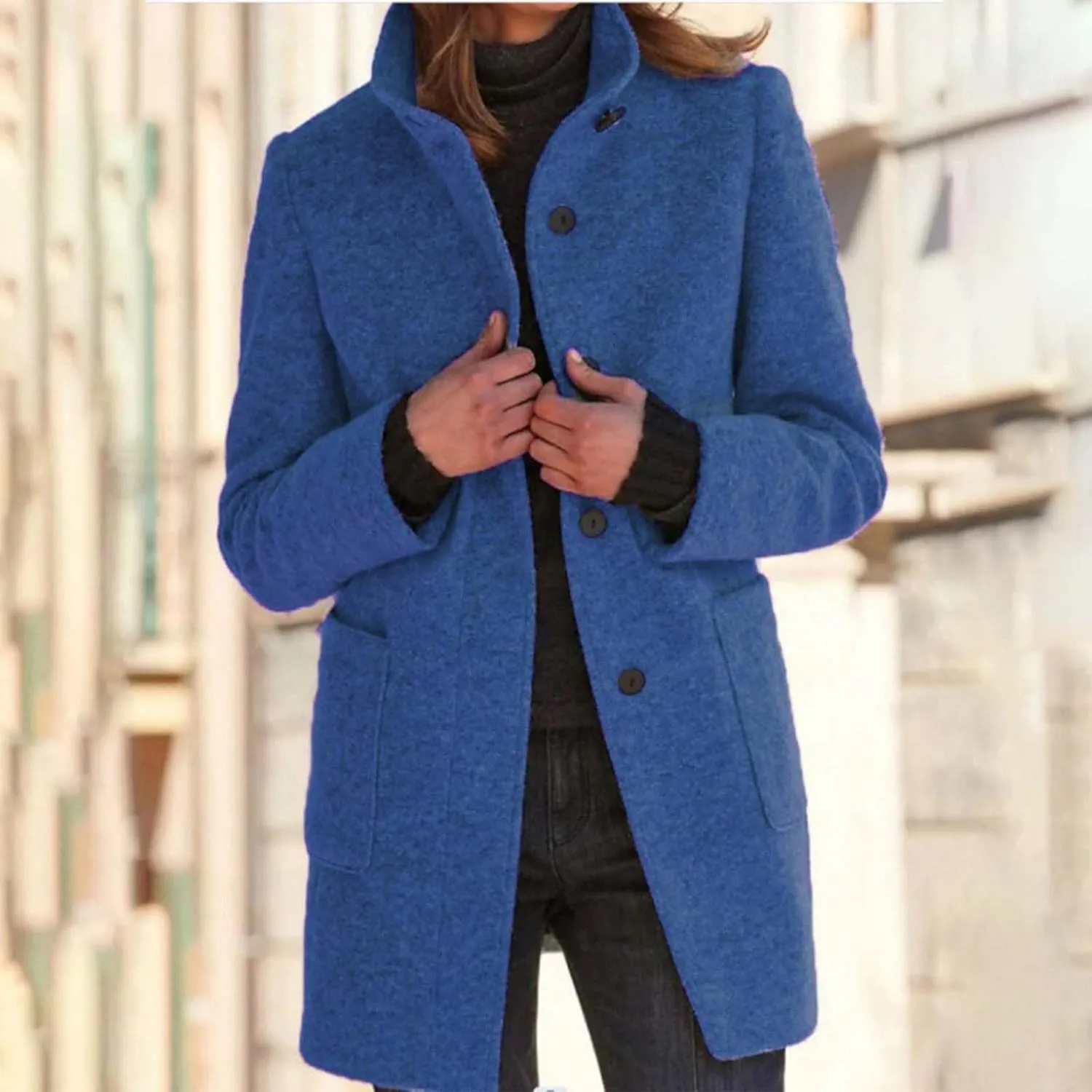 Long Coats for Women Winter Warm Stand Collar Breasted Wool Coats Wool Blend Peacoat Thicken Fashion Casual