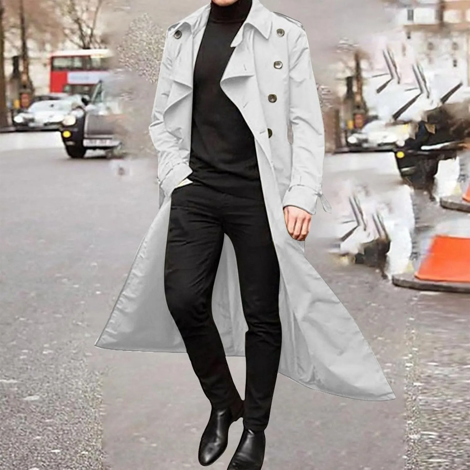 Long Trench Coat Men Casual Long Sleeve Cardigan Jacket Double Breasted Trench Coat Lapel Pea Coat Fall Winter Coats