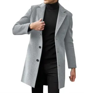 Long Trench Coat Men Single Breasted Wool Blend Coat Mid Length Pea Coat Notch Lapel Jacket Business Casual Overcoat