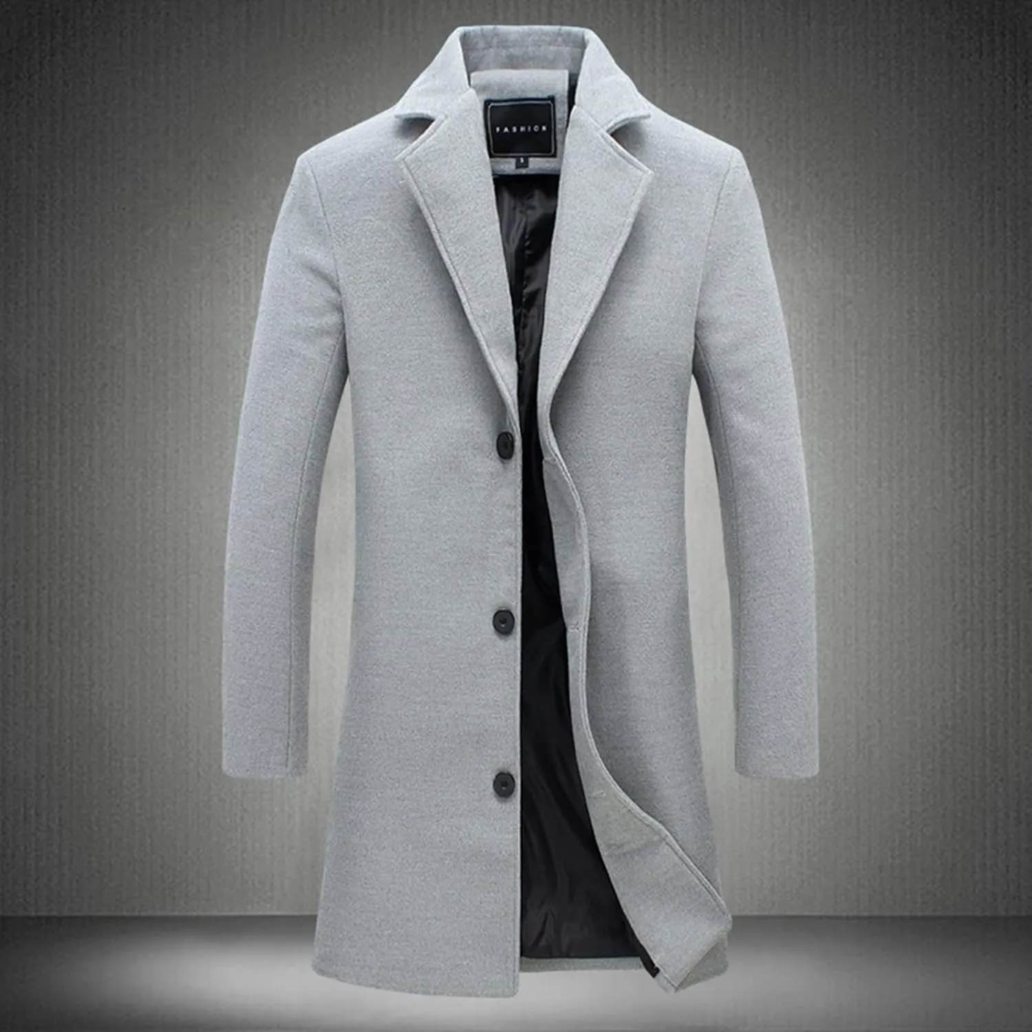 Long Trench Coat Men Single Breasted Wool Blend Coat Mid Length Pea Coat Notch Lapel Jacket Business Casual Overcoat