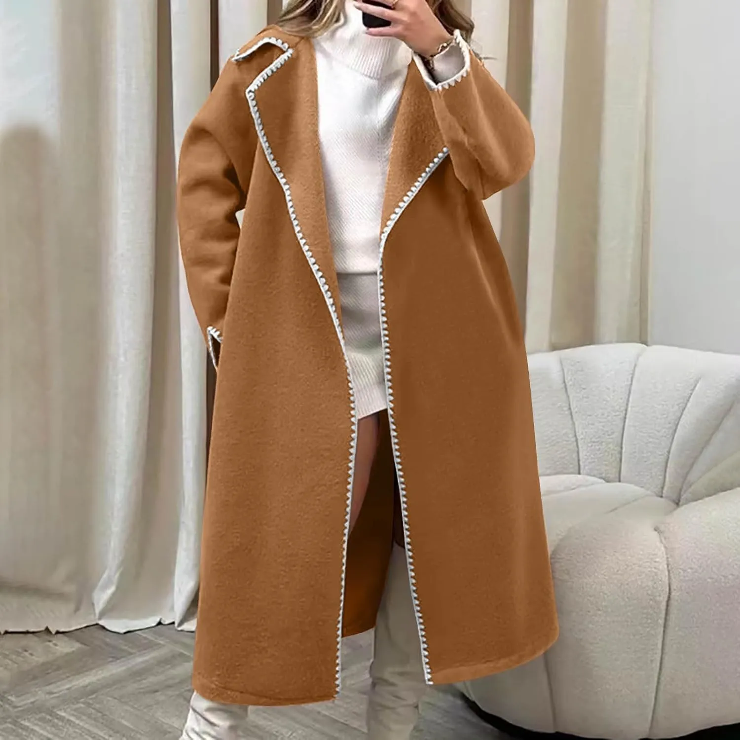 Long Trench Coats for Women Casual Winter Notched Lapel Open Front Pea Coat Wool Blend Comfy Over Coats With Pockets