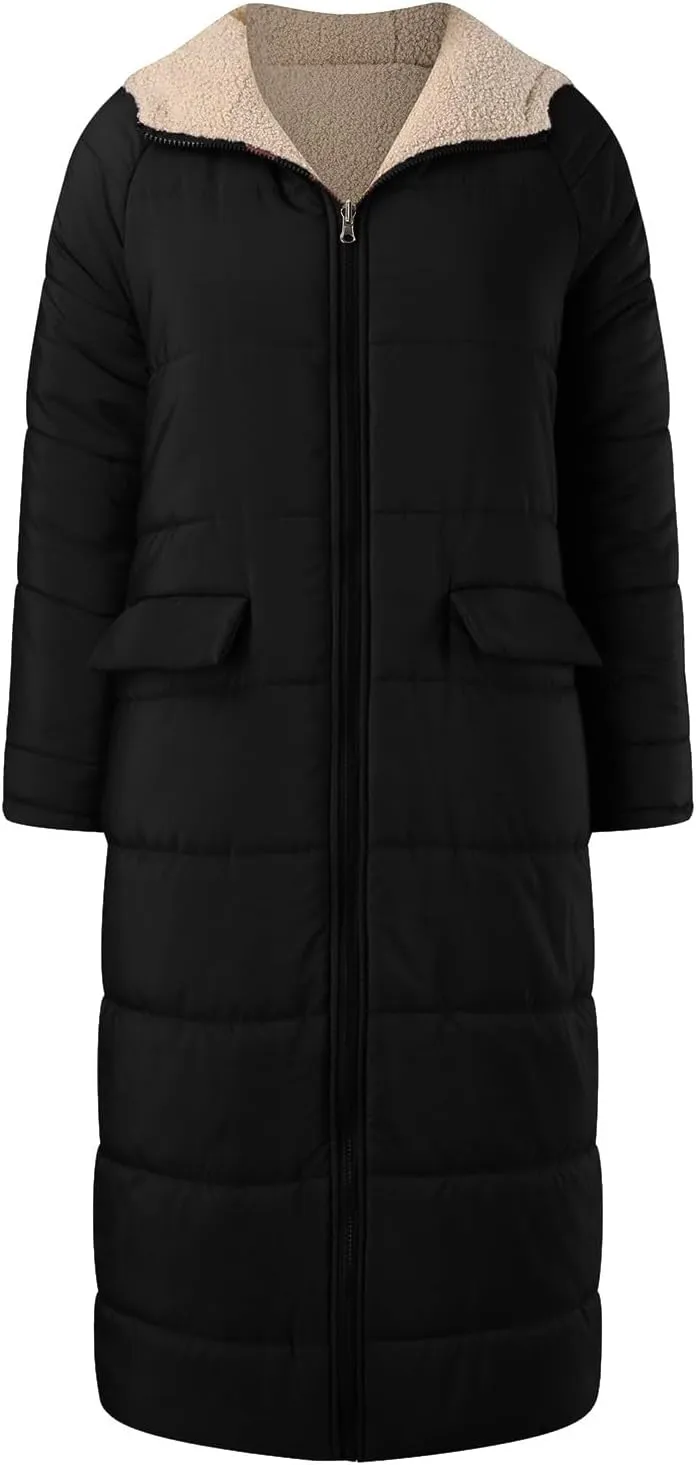 Long Winter Coats for Women Casual Long Sleeve Zip Up Puffer Jacket Plus Size Warm Outwear Trendy Reversible Teddy Coat