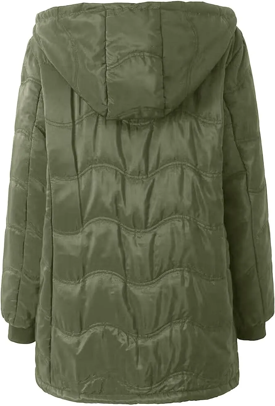 Long Winter Coats for Women Fleece Lined Warm Hooded Quilted Puffer Jacket Thickened Fleece Down Parka Maxi Coat