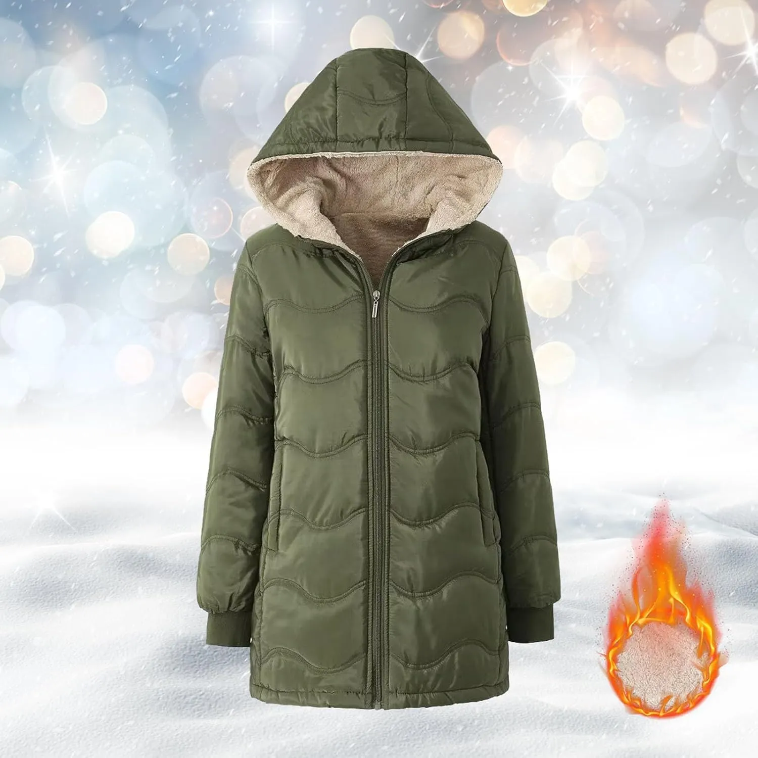 Long Winter Coats for Women Fleece Lined Warm Hooded Quilted Puffer Jacket Thickened Fleece Down Parka Maxi Coat