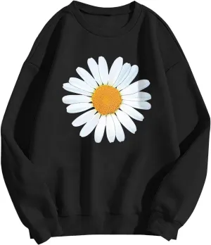 Loose Hoodie for Girls Floral Printed Long Sleeve Crewneck Relaxed Fit Pullover Tops Vintage Streetwear Sweatshirts