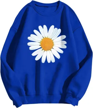 Loose Hoodie for Girls Floral Printed Long Sleeve Crewneck Relaxed Fit Pullover Tops Vintage Streetwear Sweatshirts