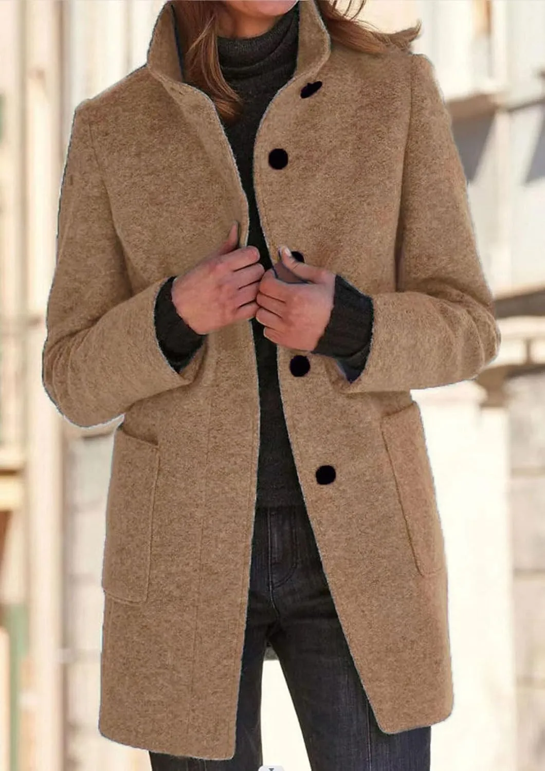 loveimgs Women Thicken Wool Blend Peal Coat Winter Single Breasted Trench Coat Blazer Woolen Tweed Jacket