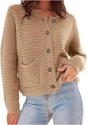 Lpmadey Women's 2024 Fall Casual Long Sleeve Button Down Open Front Cable Knit Cardigan Sweater Coat Jackets with Pockets