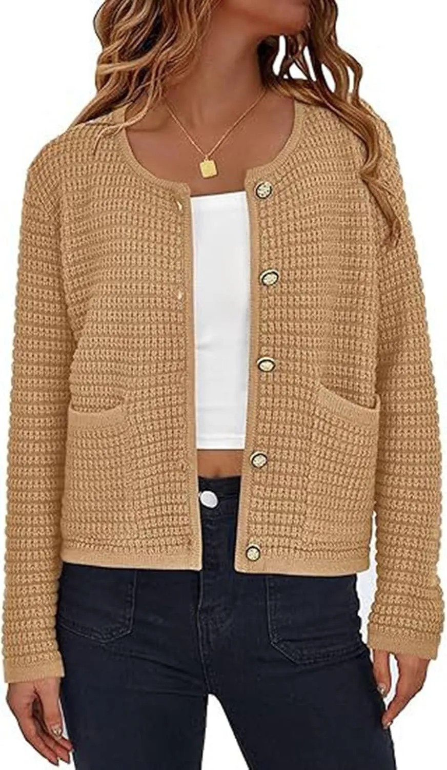 Lpmadey Women's 2024 Fall Casual Long Sleeve Button Down Open Front Cable Knit Cardigan Sweater Coat Jackets with Pockets