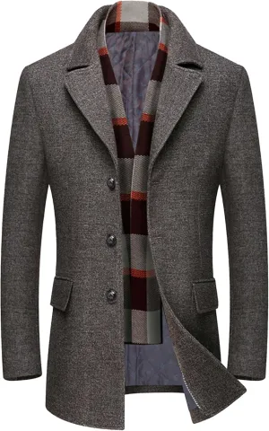 Maiyifu-GJ Men's Long Wool Blend Trench Coat Scarfs Collar Single Breasted Slim Fit Overcoat Winter Warm Mid-Length Coats