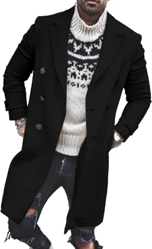 Maiyifu-GJ Men's Winter Coat Wool Blend Trench Overcoat Notch Lapel Double Breasted Long Windbreaker Coats Business Suit
