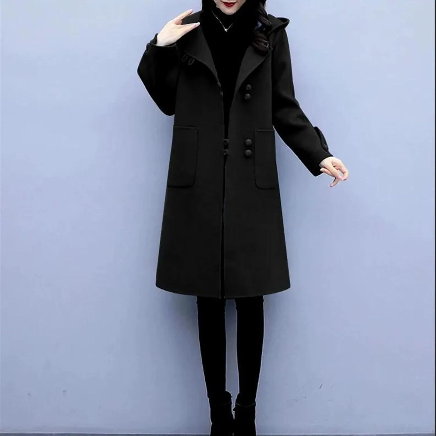 Maiyifu-GJ Women's Fashion Long CoatNotched Lapel Wool Blend Hooded Overcoat Casual Open Front Cardigan Jackets With Pockets