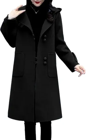 Maiyifu-GJ Women's Fashion Long CoatNotched Lapel Wool Blend Hooded Overcoat Casual Open Front Cardigan Jackets With Pockets