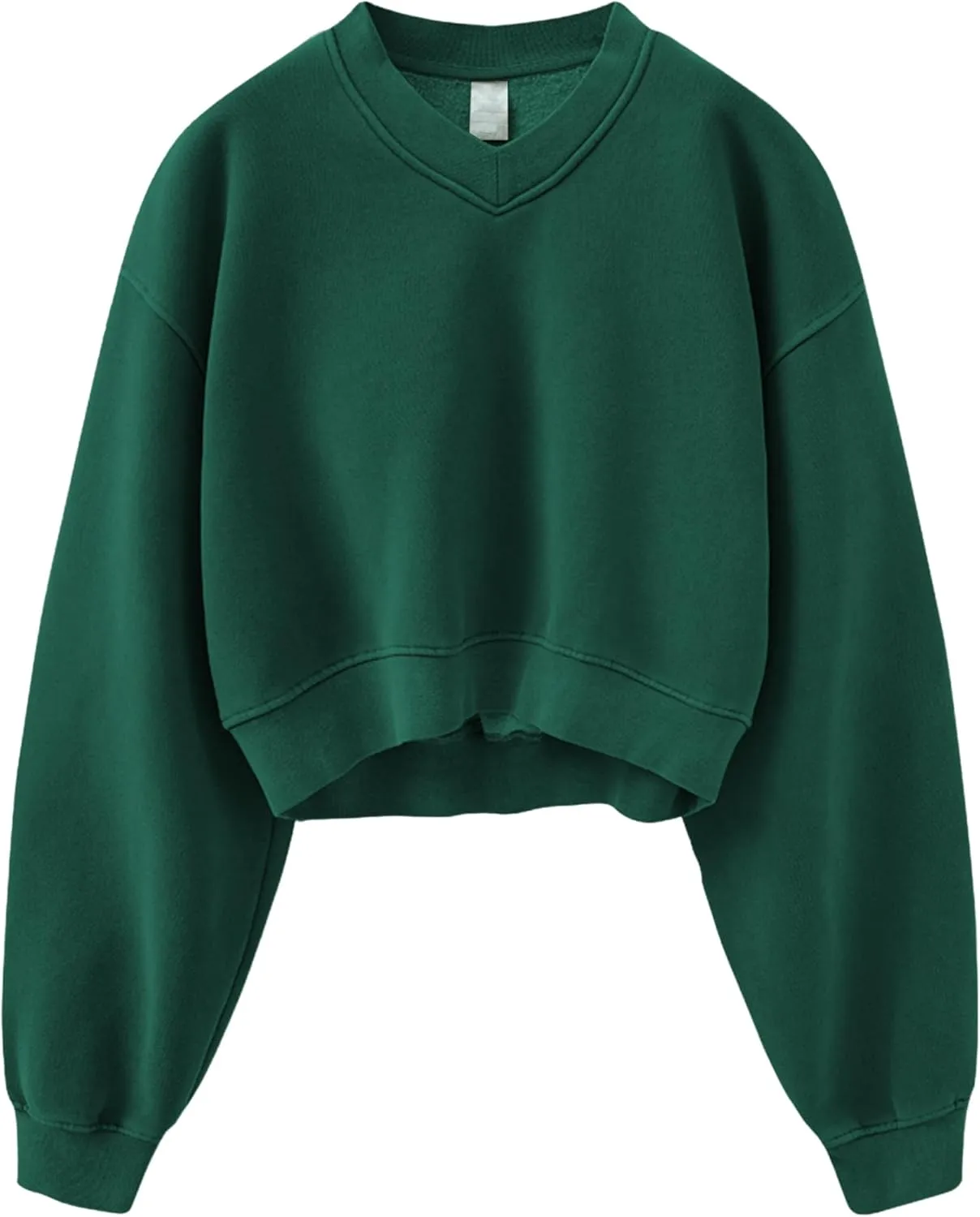 Meladyan Women Casual Cropped Sweatshirt Basic Solid Long Sleeve Fleece V Neck Loose Drop Shoulder Pullover Crop Tops Vintage