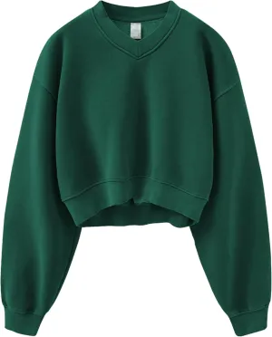 Meladyan Women Casual Cropped Sweatshirt Basic Solid Long Sleeve Fleece V Neck Loose Drop Shoulder Pullover Crop Tops Vintage