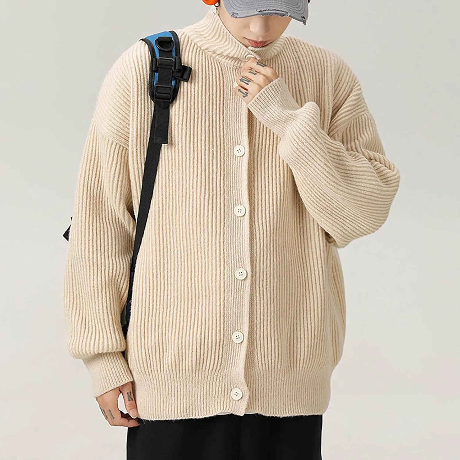 Men Casual Cardigan Button Down Knit Sweater Casual Long Sleeve Sweater Lightweight Cardigan Stand Collar Sweater