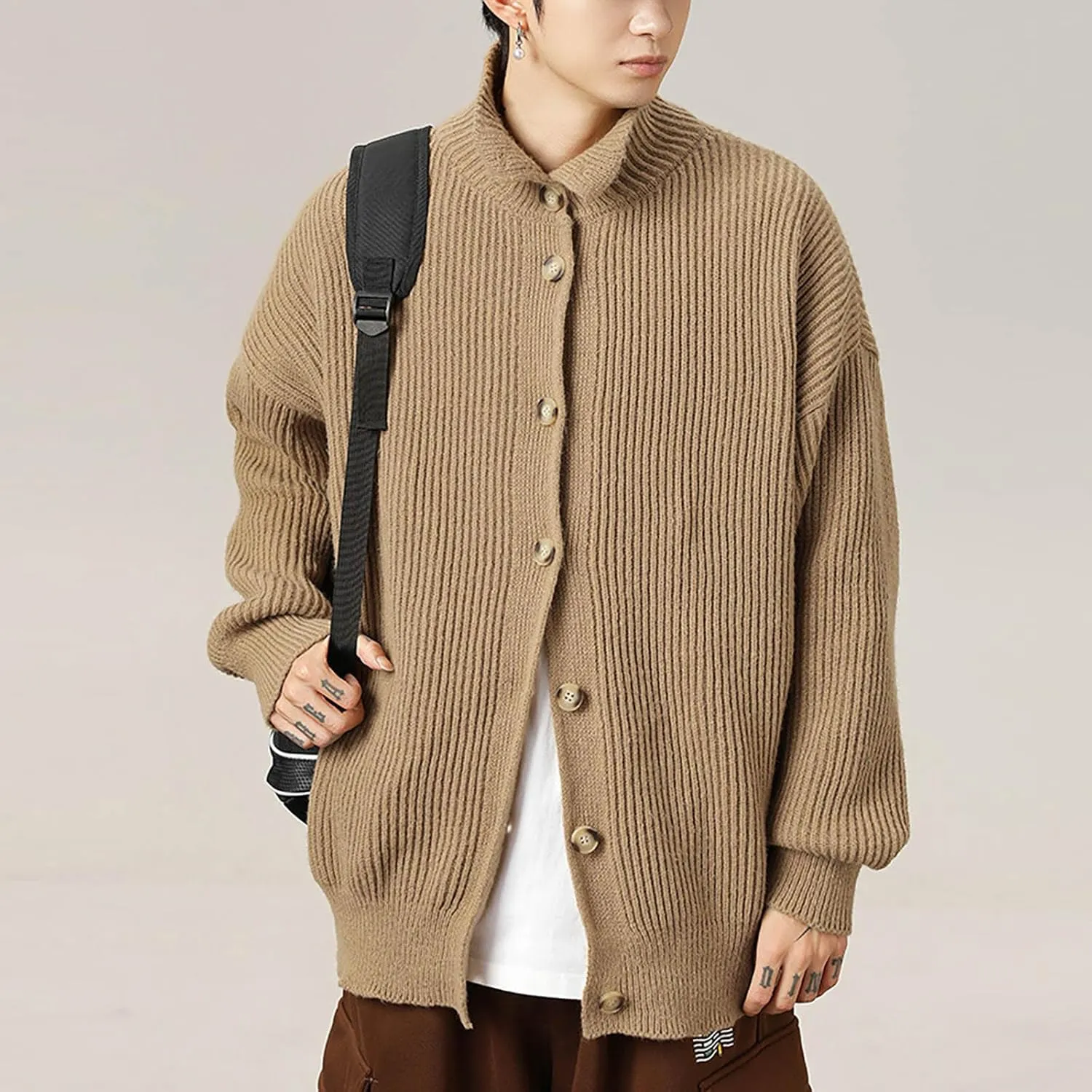 Men Casual Cardigan Button Down Knit Sweater Casual Long Sleeve Sweater Lightweight Cardigan Stand Collar Sweater
