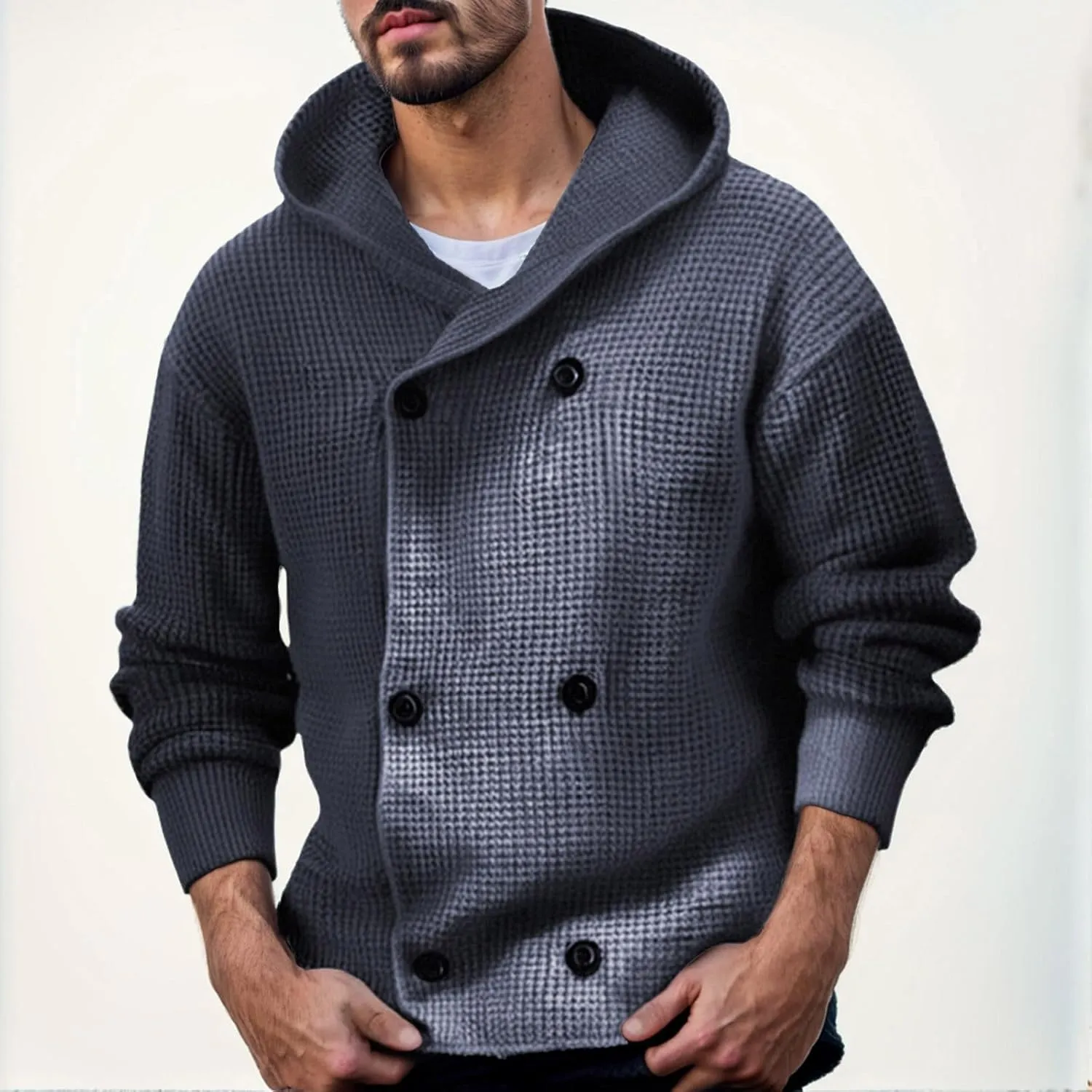 Men's 2024 Casual Long Sleeve Cardigan Sweater Hoodies Shawl Collar Button Down Ribbed Knit Thicken Warm Outerwear