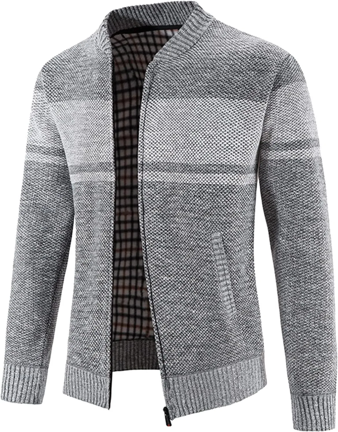 Mens Cardigan, Men's Cardigan Sweaters Full Zip Up Stand Collar Slim Fit Casual Knitted Sweater with 2 Front Pockets