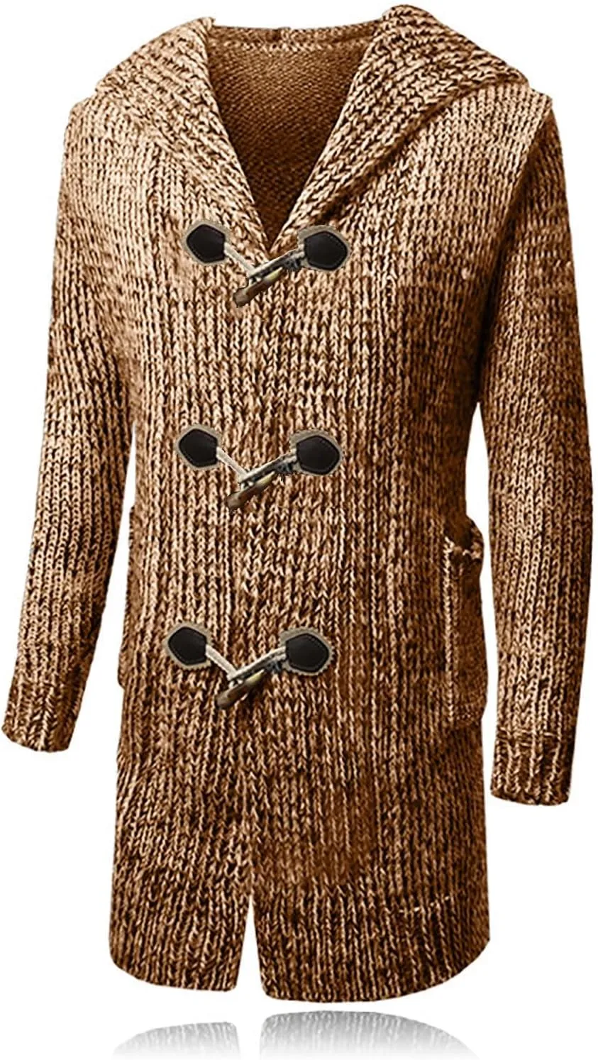 Men's Cardigan Sweater Long Sleeve Button Down Pullover Solid Color Ribbed Hooded Knitted Casual Loose with Pockets