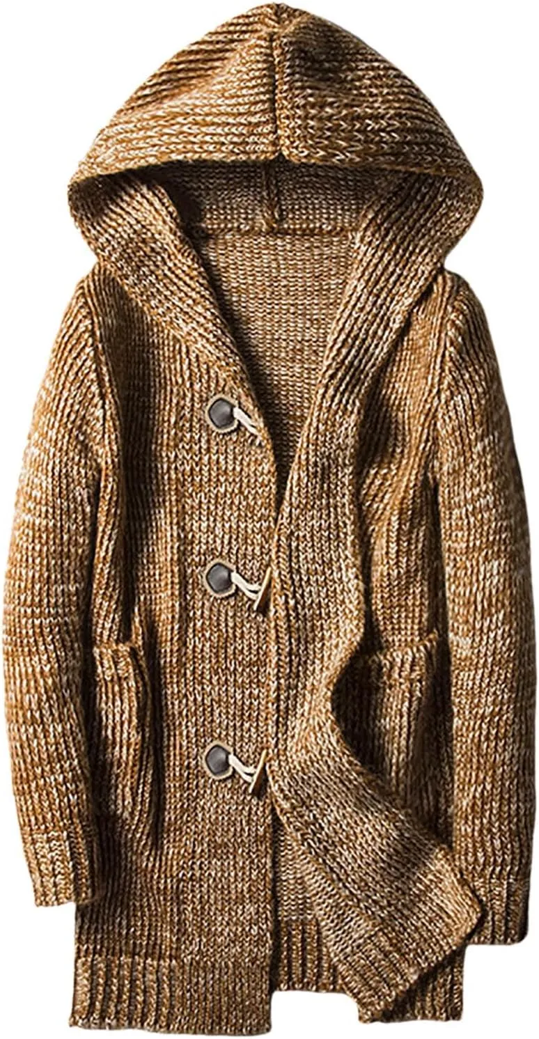 Men's Cardigan Sweater Long Sleeve Button Down Pullover Solid Color Ribbed Hooded Knitted Casual Loose with Pockets