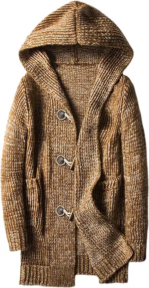 Men's Cardigan Sweater Long Sleeve Button Down Pullover Solid Color Ribbed Hooded Knitted Casual Loose with Pockets