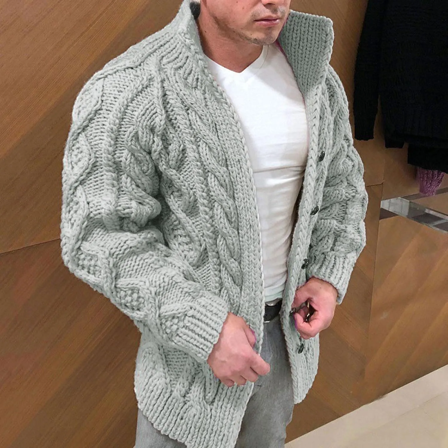 Men's Cardigan Sweater Stand Collar Button Down Pullover Long Sleeve Twist Textured Knitwear Solid Color Fall Sweater