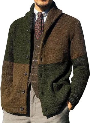 Mens Cardigan Sweater,Mens Color Block Cardigan Sweaters Shawl Collar Knitted Long Sleeves Button Down Sweater with Pockets