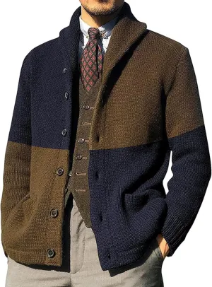 Mens Cardigan Sweater,Mens Color Block Cardigan Sweaters Shawl Collar Knitted Long Sleeves Button Down Sweater with Pockets