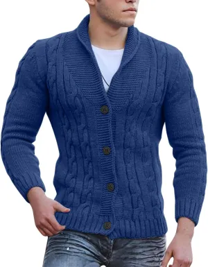 Men's Cardigan Sweaters Cable Knit Button Down Sweater Shawl Collar Loose Fit Casual Knitted Cardigan