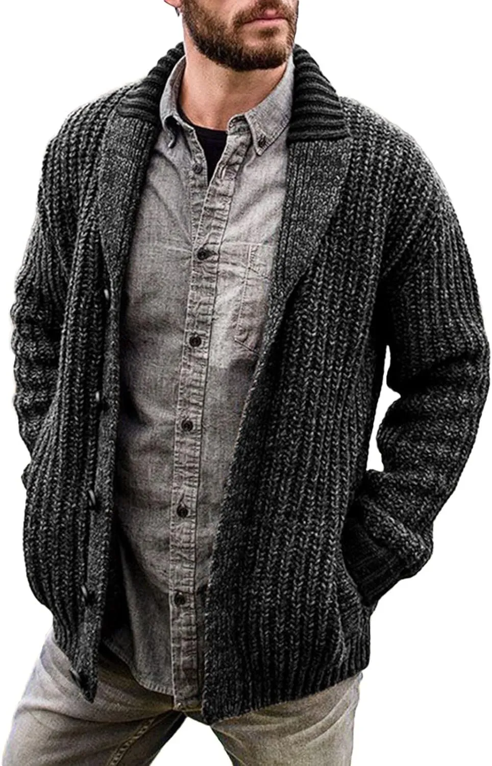 Men's Cardigan Sweaters Cable Knit Button Down Sweater Shawl Collar Loose Fit Casual Knitted Cardigan