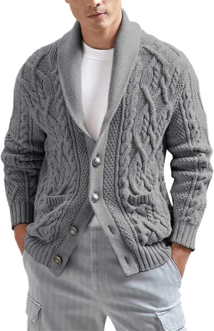 Men's Cardigan Sweaters Cable Knit Button Down Sweater Shawl Collar Loose Fit Casual Knitted Cardigan
