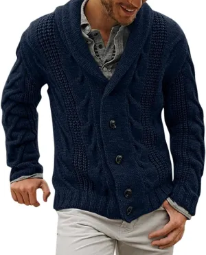Men's Cardigan Sweaters Cable Knit Button Down Sweater Shawl Collar Loose Fit Casual Knitted Cardigan