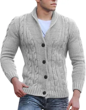 Men's Cardigan Sweaters Cable Knit Button Down Sweater Shawl Collar Loose Fit Casual Knitted Cardigan