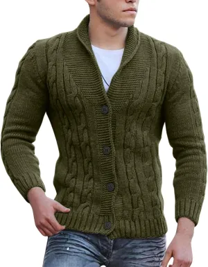 Men's Cardigan Sweaters Cable Knit Button Down Sweater Shawl Collar Loose Fit Casual Knitted Cardigan