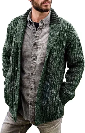 Men's Cardigan Sweaters Cable Knit Button Down Sweater Shawl Collar Loose Fit Casual Knitted Cardigan