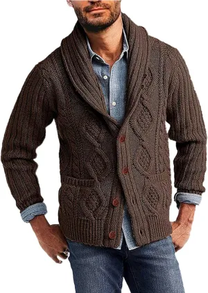 Men's Cardigan Sweaters Cable Knit Button Down Sweater Shawl Collar Loose Fit Casual Knitted Cardigan