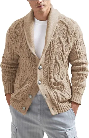 Men's Cardigan Sweaters Cable Knit Button Down Sweater Shawl Collar Loose Fit Casual Knitted Cardigan