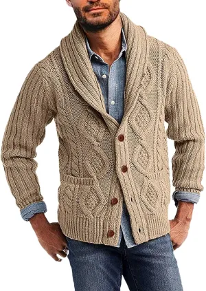 Men's Cardigan Sweaters Cable Knit Button Down Sweater Shawl Collar Loose Fit Casual Knitted Cardigan