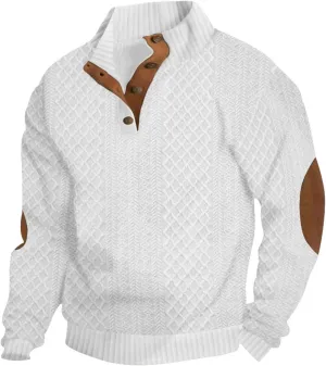 Men's Cashmere Sweaters, Mens 1/4 Button Down Sweater with Elbow Patches, Vintage Sports Golf Pullover Collar Sweater