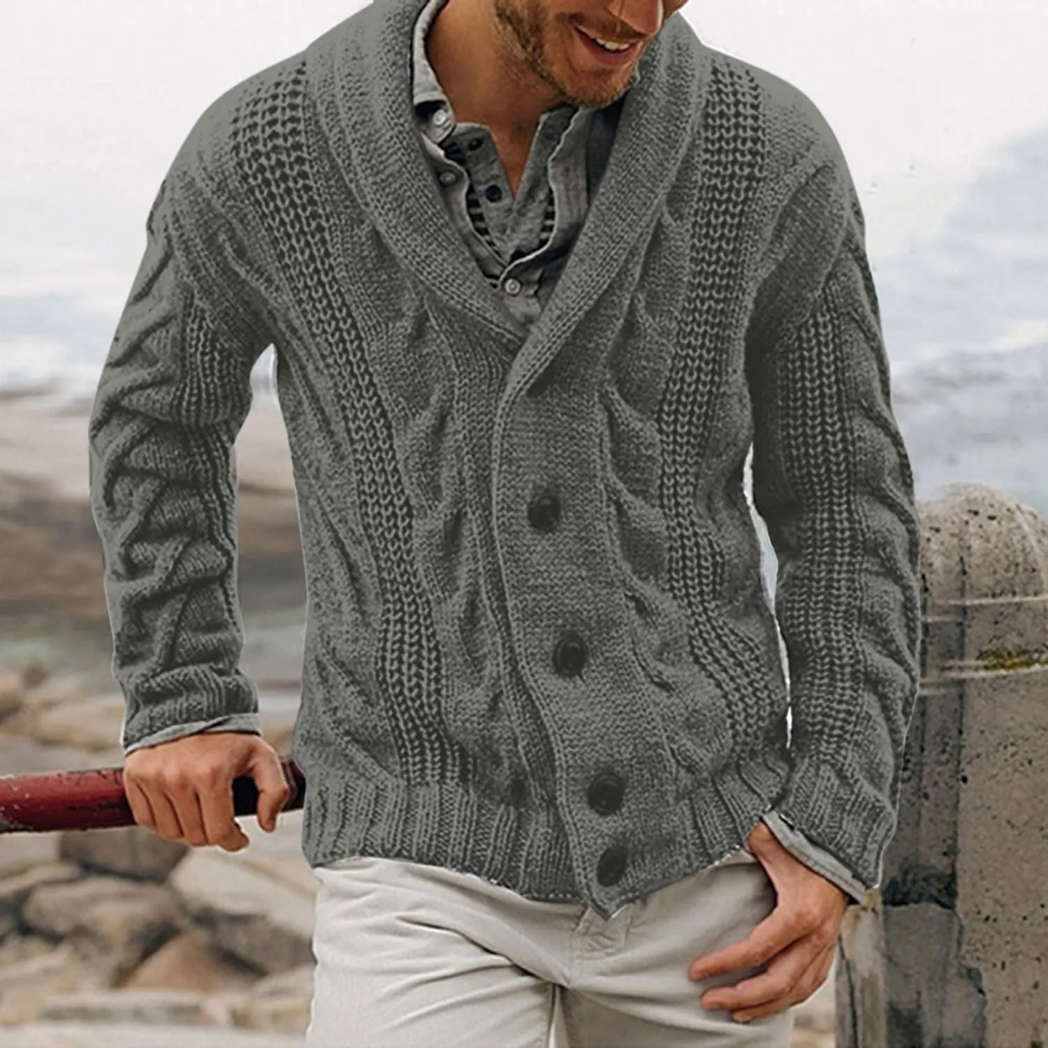 Men's Cashmere Sweaters, Mens Cable Knit Cardigan Sweater Shawl Collar Loose Fit Long Sleeve Casual Cardigans