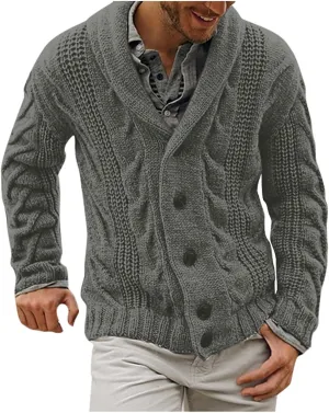 Men's Cashmere Sweaters, Mens Cable Knit Cardigan Sweater Shawl Collar Loose Fit Long Sleeve Casual Cardigans