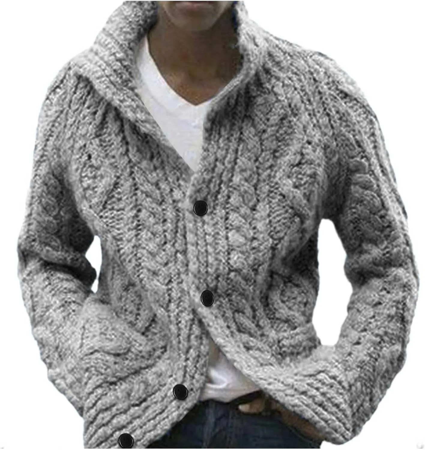 Men's Casual Cardigan Sweater Relaxed Fit Cable Knitted Button Down Sweater Thermal Long Sleeve Sweater Coat