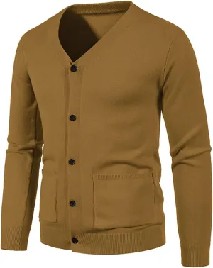 Mens Casual Knitted Sweaters Button Down V Neck Long Sleeve Vintage Plain Cardigan Slim Fit Warm Sweater