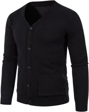 Mens Casual Knitted Sweaters Button Down V Neck Long Sleeve Vintage Plain Cardigan Slim Fit Warm Sweater