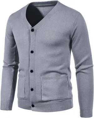 Mens Casual Knitted Sweaters Button Down V Neck Long Sleeve Vintage Plain Cardigan Slim Fit Warm Sweater