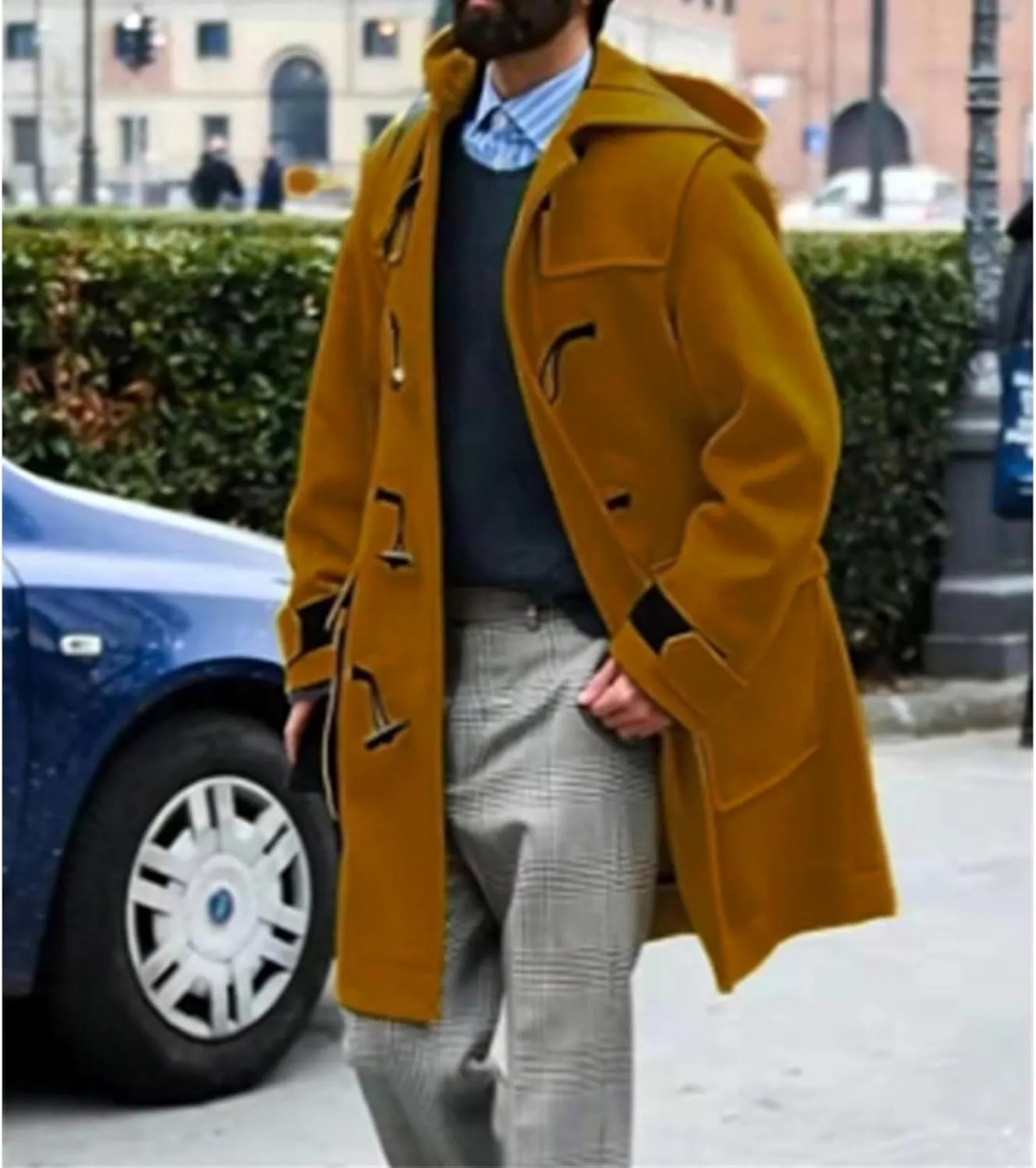 Men's Casual Trench Coat Hoodie Jackets Slim Fit Hooded Long Jacket Overcoat Single Breasted Pea Coat wih Pockets
