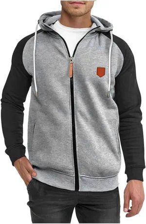 Men's Color Block Hoodie Full Zip Fleece Lined Jackets Casual Hooded Sweatshirts Raglan Long Sleeve Baseball Jackets